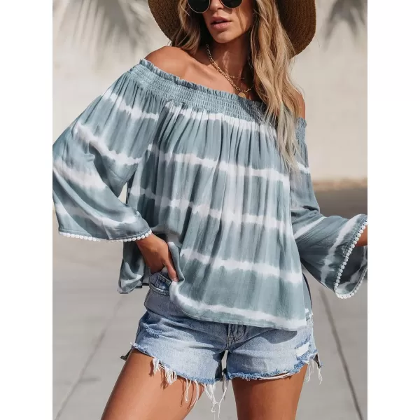 imageCUPSHE Women Tops Stripes Smocked OffShoulder Shirt Blouses Long Sleeve Tee CasualBlue