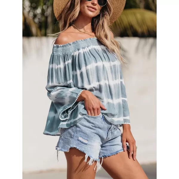 imageCUPSHE Women Tops Stripes Smocked OffShoulder Shirt Blouses Long Sleeve Tee CasualBlue