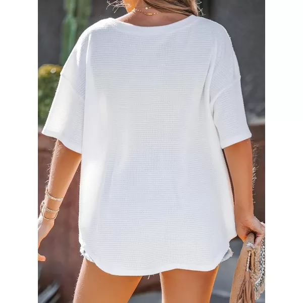 imageCUPSHE Women Tops Textured Dropped Sleeve Tee Short Sleeves V Neck Shirt Solid Tee Casual DressyWhite