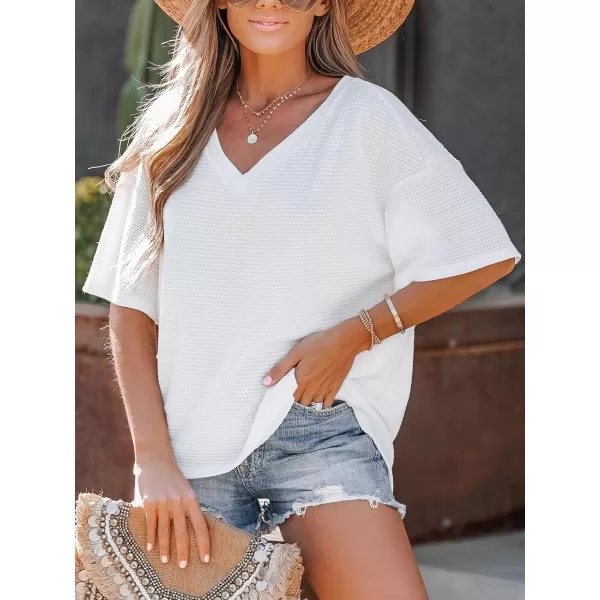 imageCUPSHE Women Tops Textured Dropped Sleeve Tee Short Sleeves V Neck Shirt Solid Tee Casual DressyWhite