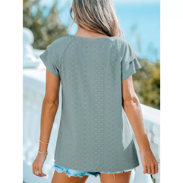 imageCUPSHE Women Tops Tiered Sleeve Tee Crew Neck Lace Cutout Shirt Casual SummerGreen
