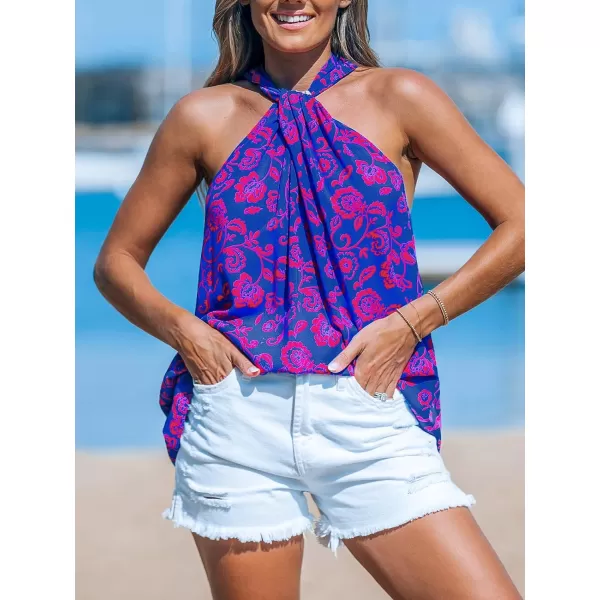 imageCUPSHE Women Tops Twist Halter Neckline Sleeveless Floral Shirt Casual SummerBlue Paisley