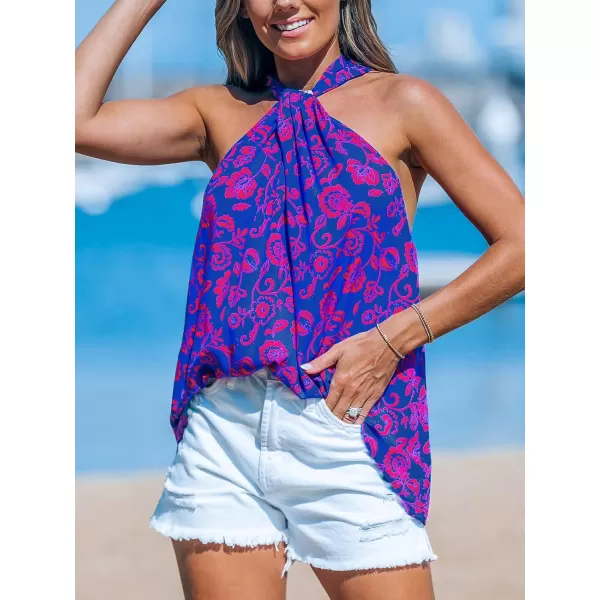imageCUPSHE Women Tops Twist Halter Neckline Sleeveless Floral Shirt Casual SummerBlue Paisley