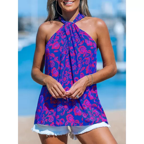 imageCUPSHE Women Tops Twist Halter Neckline Sleeveless Floral Shirt Casual SummerBlue Paisley