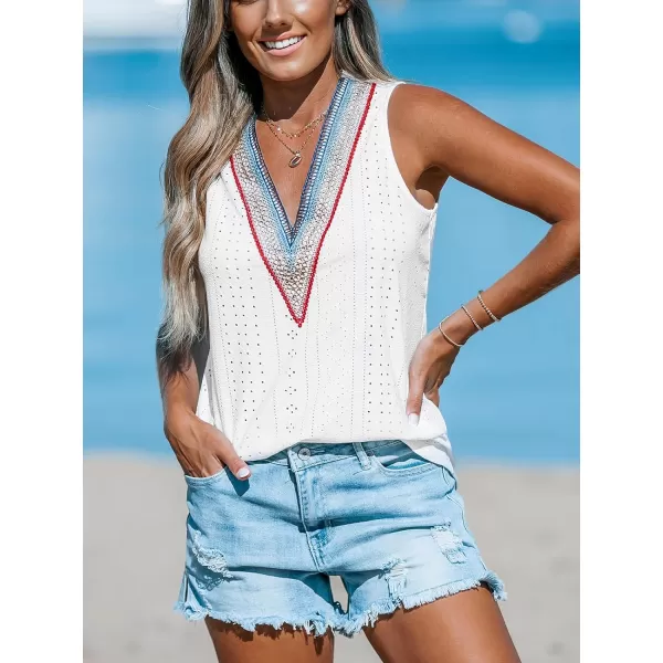 imageCUPSHE Women Tops V Neck Eyelet Jersey Tank Cutout Blouses Tee Sleeveless Shirt CasualWhite