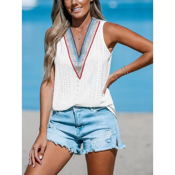 imageCUPSHE Women Tops V Neck Eyelet Jersey Tank Cutout Blouses Tee Sleeveless Shirt CasualWhite