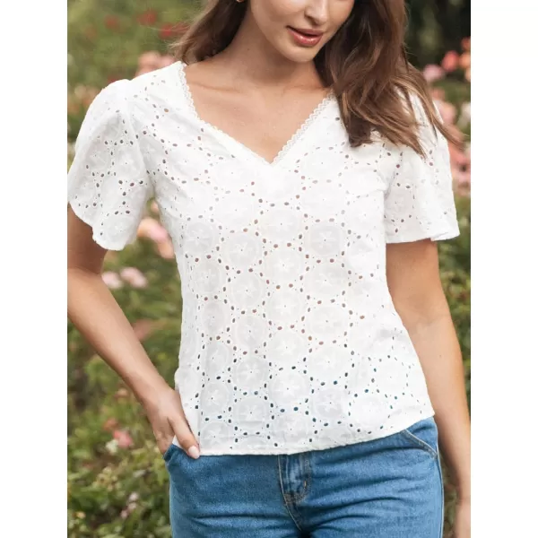 imageCUPSHE Women Tops V Neck Flared Sleeve Blouse Cutout Short Sleeve Tee Shirt CasualWhite