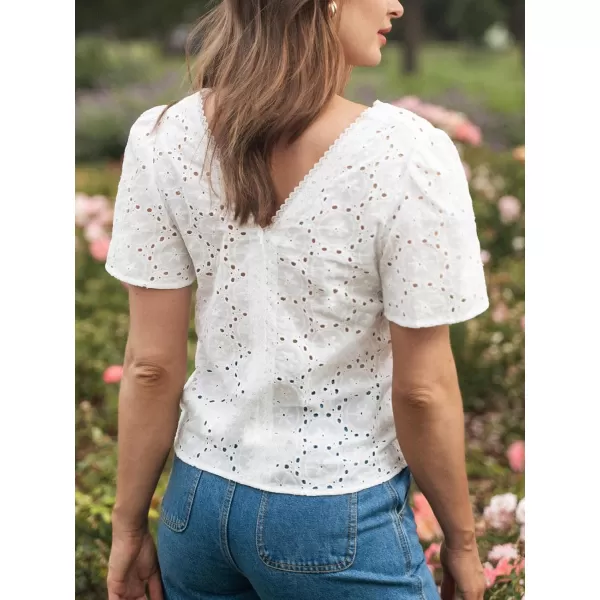 imageCUPSHE Women Tops V Neck Flared Sleeve Blouse Cutout Short Sleeve Tee Shirt CasualWhite