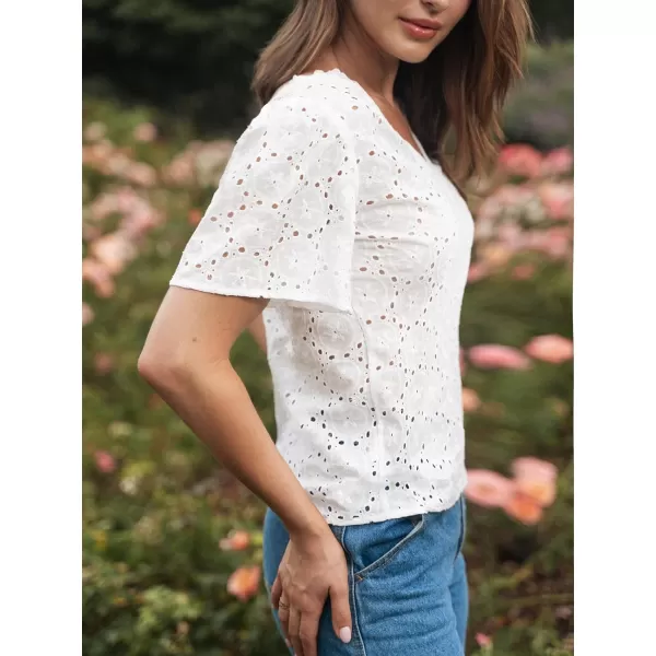 imageCUPSHE Women Tops V Neck Flared Sleeve Blouse Cutout Short Sleeve Tee Shirt CasualWhite