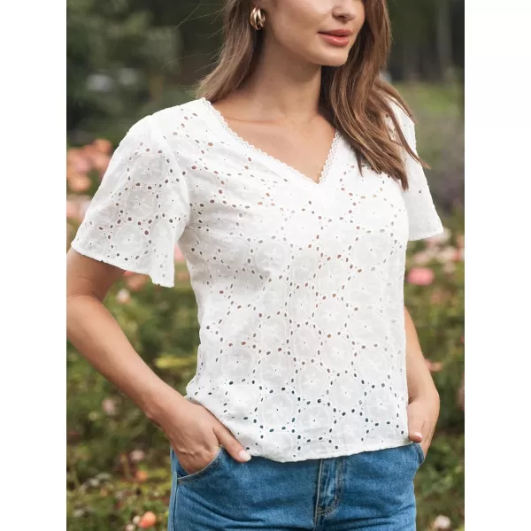 imageCUPSHE Women Tops V Neck Flared Sleeve Blouse Cutout Short Sleeve Tee Shirt CasualWhite