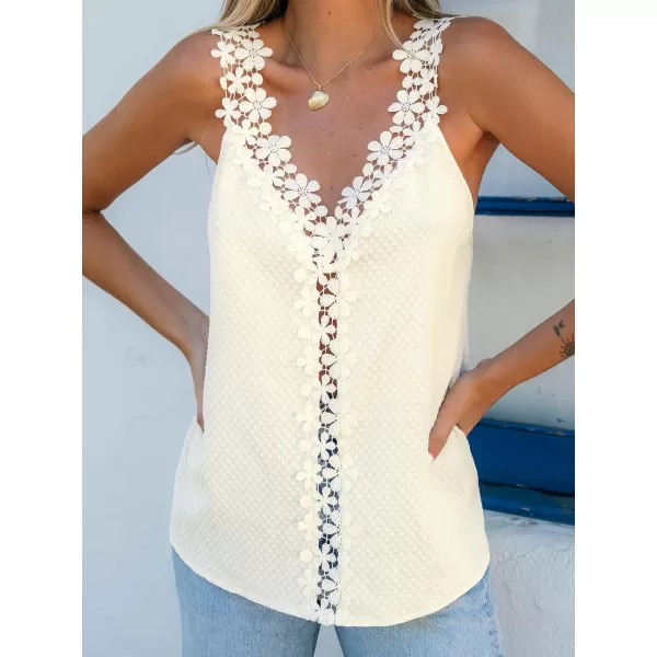 imageCUPSHE Women Tops V Neck Floral Lace Tank Top Sleeveless Lace Neck Tee Shirt CasualWhite