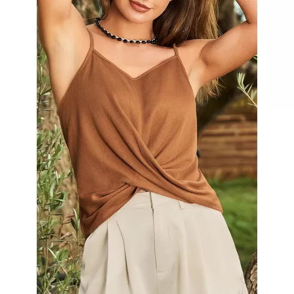 imageCUPSHE Women Tops V Neck Front Twist Waffle Knit Tank Sleeveless Tee Shirt CasualOrange