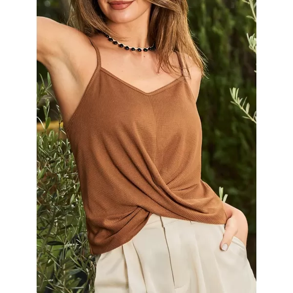 imageCUPSHE Women Tops V Neck Front Twist Waffle Knit Tank Sleeveless Tee Shirt CasualOrange