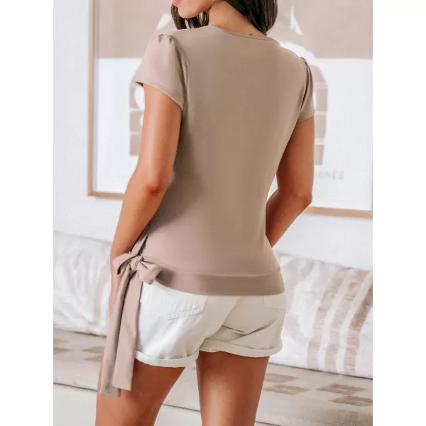 imageCUPSHE Women Tops V Neck Ruffle Sleeve Top Side Waist Tie Tee Shirt CasualKhaki