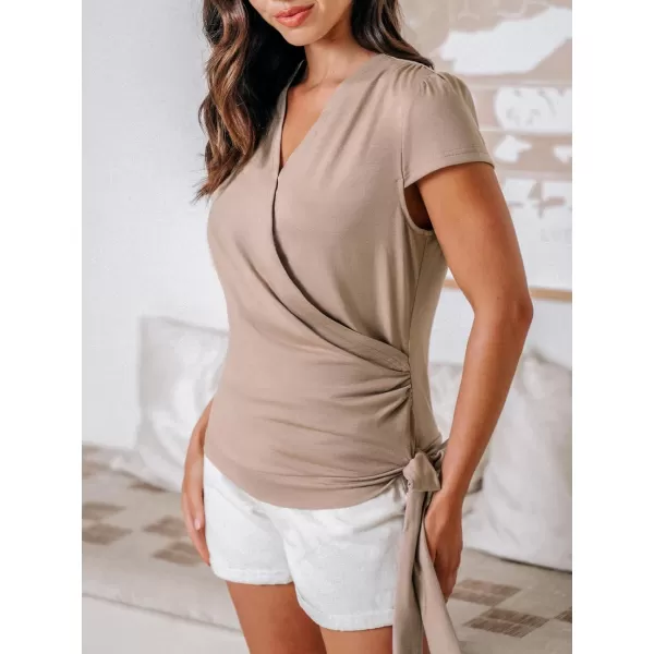 imageCUPSHE Women Tops V Neck Ruffle Sleeve Top Side Waist Tie Tee Shirt CasualKhaki