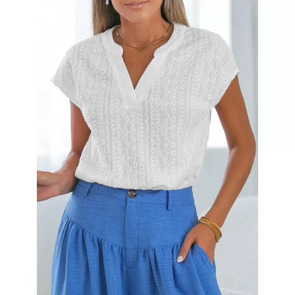 imageCUPSHE Women Tops V Neck Short Sleeve Blouses Lace Cutout Shirt Casual SummerWhite