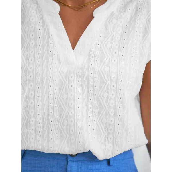 imageCUPSHE Women Tops V Neck Short Sleeve Blouses Lace Cutout Shirt Casual SummerWhite