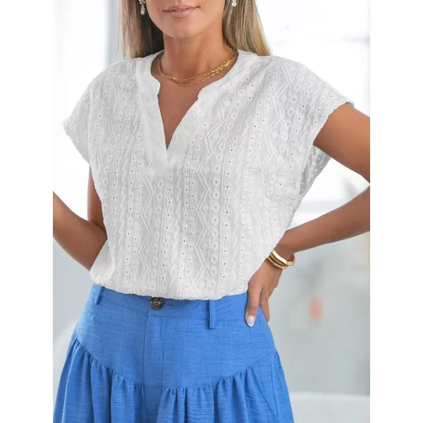 imageCUPSHE Women Tops V Neck Short Sleeve Blouses Lace Cutout Shirt Casual SummerWhite