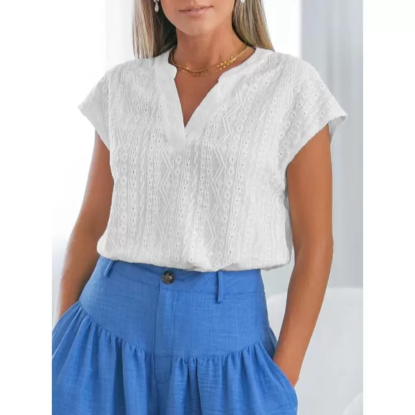 imageCUPSHE Women Tops V Neck Short Sleeve Blouses Lace Cutout Shirt Casual SummerWhite