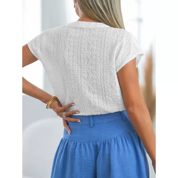 imageCUPSHE Women Tops V Neck Short Sleeve Blouses Lace Cutout Shirt Casual SummerWhite