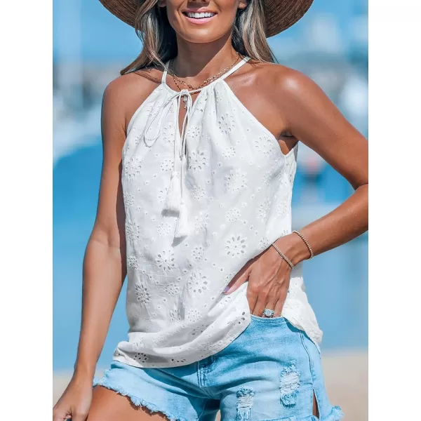 imageCUPSHE Women Tops V Neck Tassel Tie Tank Cutout Sleeveless Tee Shirt CasualWhite
