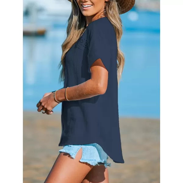 imageCUPSHE Women Tops VNeck Blouses Short Sleeves Lace Shirt Front Futton Tee Casual SummerBlue