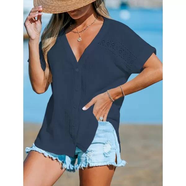imageCUPSHE Women Tops VNeck Blouses Short Sleeves Lace Shirt Front Futton Tee Casual SummerBlue