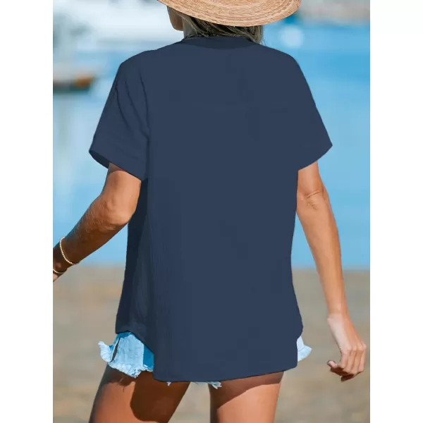 imageCUPSHE Women Tops VNeck Blouses Short Sleeves Lace Shirt Front Futton Tee Casual SummerBlue