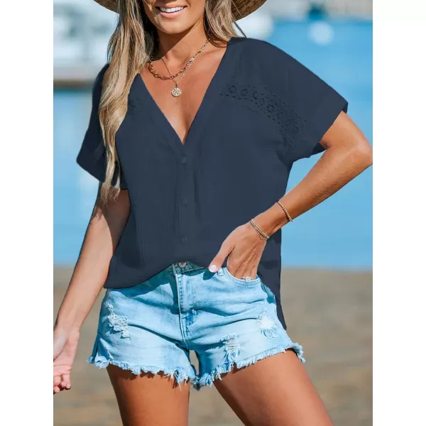 imageCUPSHE Women Tops VNeck Blouses Short Sleeves Lace Shirt Front Futton Tee Casual SummerBlue