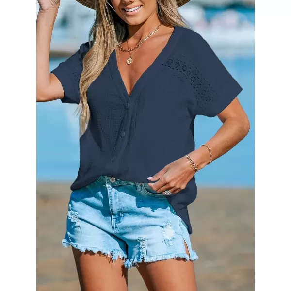 imageCUPSHE Women Tops VNeck Blouses Short Sleeves Lace Shirt Front Futton Tee Casual SummerBlue