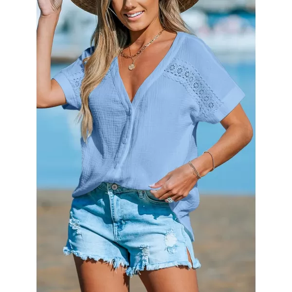 imageCUPSHE Women Tops VNeck Blouses Short Sleeves Lace Shirt Front Futton Tee Casual SummerLight Blue