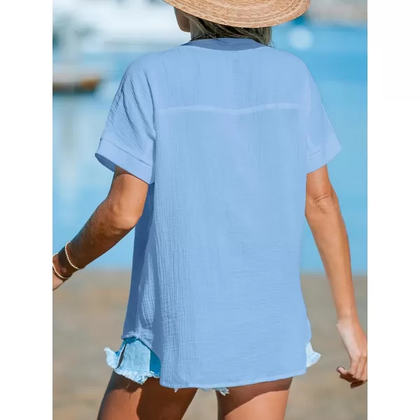 imageCUPSHE Women Tops VNeck Blouses Short Sleeves Lace Shirt Front Futton Tee Casual SummerLight Blue