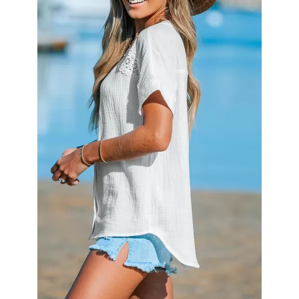 imageCUPSHE Women Tops VNeck Blouses Short Sleeves Lace Shirt Front Futton Tee Casual SummerWhite