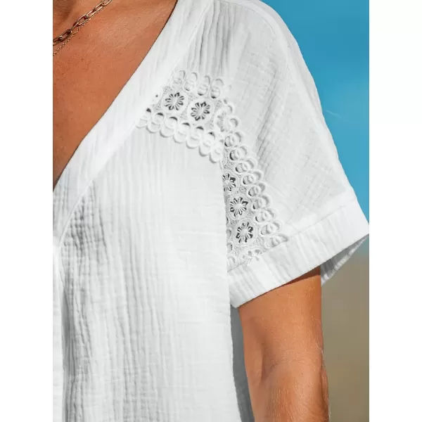 imageCUPSHE Women Tops VNeck Blouses Short Sleeves Lace Shirt Front Futton Tee Casual SummerWhite
