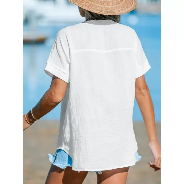 imageCUPSHE Women Tops VNeck Blouses Short Sleeves Lace Shirt Front Futton Tee Casual SummerWhite