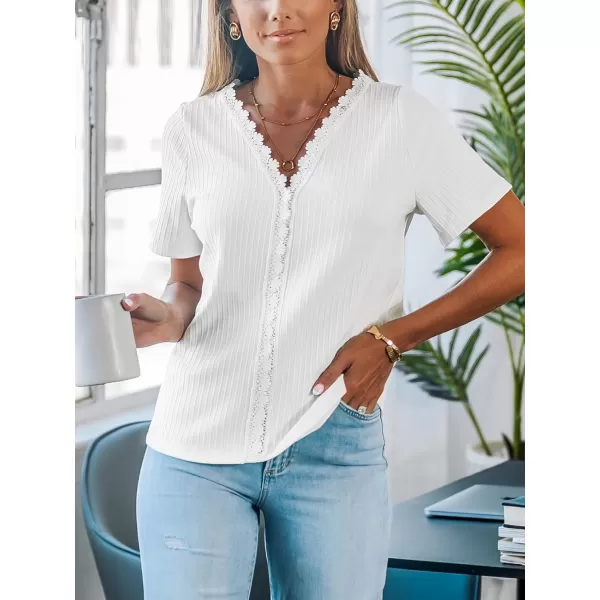 imageCUPSHE Women Tops VNeck Lace Trims Tee Short Sleeve Shirt Dressy CasualWhite