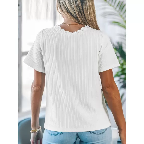 imageCUPSHE Women Tops VNeck Lace Trims Tee Short Sleeve Shirt Dressy CasualWhite