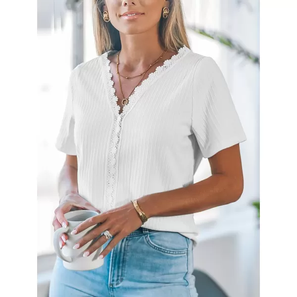 imageCUPSHE Women Tops VNeck Lace Trims Tee Short Sleeve Shirt Dressy CasualWhite