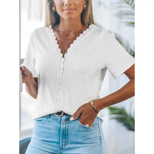 imageCUPSHE Women Tops VNeck Lace Trims Tee Short Sleeve Shirt Dressy CasualWhite