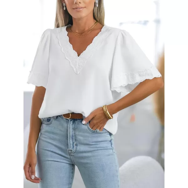 imageCUPSHE Women Tops VNeck Ruffle Short Sleeve Lace Trim Casual ShirtWhite