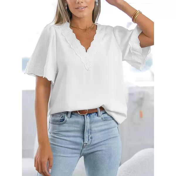 imageCUPSHE Women Tops VNeck Ruffle Short Sleeve Lace Trim Casual ShirtWhite