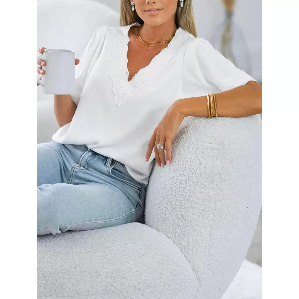 imageCUPSHE Women Tops VNeck Ruffle Short Sleeve Lace Trim Casual ShirtWhite