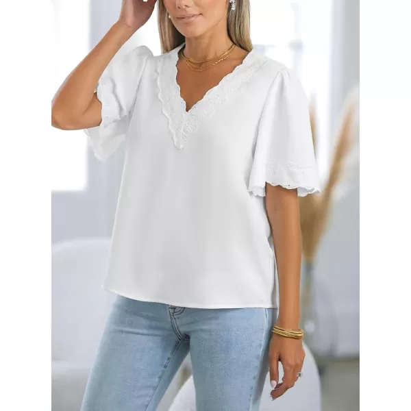 imageCUPSHE Women Tops VNeck Ruffle Short Sleeve Lace Trim Casual ShirtWhite
