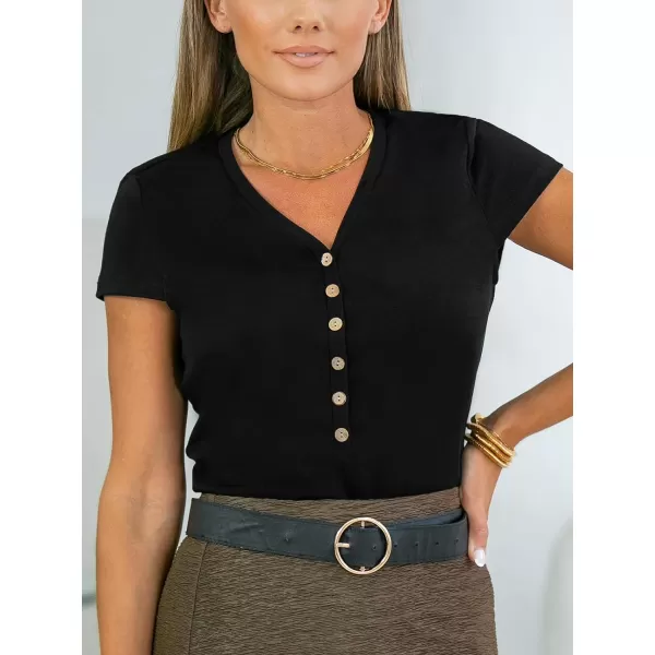 imageCUPSHE Women Tops VNeck Short Sleeve Front Buttons Casual ShirtBlack
