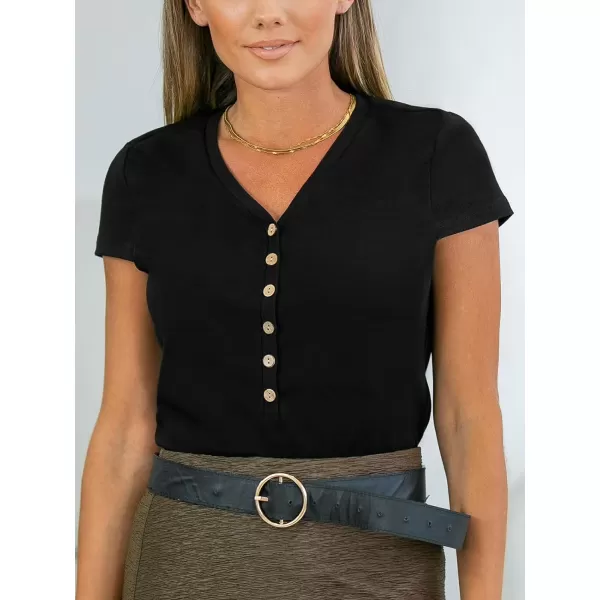 imageCUPSHE Women Tops VNeck Short Sleeve Front Buttons Casual ShirtBlack