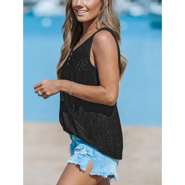 imageCUPSHE Women Tops Wisteria Eyelet Cami Sleeveless Shirt Solid Button Front Tee Casual DressyBlack