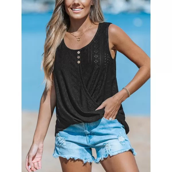imageCUPSHE Women Tops Wisteria Eyelet Cami Sleeveless Shirt Solid Button Front Tee Casual DressyBlack