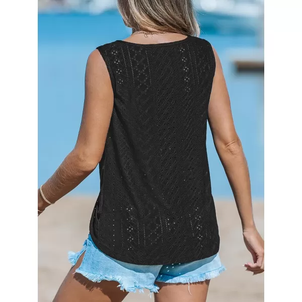 imageCUPSHE Women Tops Wisteria Eyelet Cami Sleeveless Shirt Solid Button Front Tee Casual DressyBlack