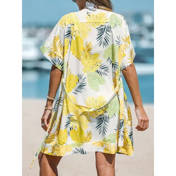 imageCUPSHE Women Tropical Leaf Print Belted CoverUp Kimono Short Sleeves Cover Up SummerYellow