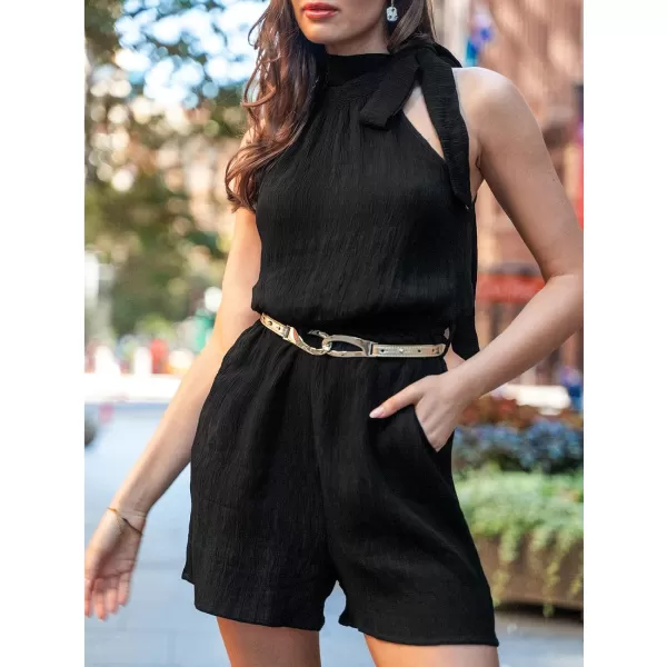 imageCUPSHE Women Turtelneck Elastic Waist Rompers With Tie Closure Sleeveless Straight LegBlack
